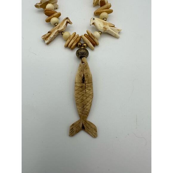 Vintage Navajo Carved Bone Necklace 13" Fish, Bird, Turtle, Bear, Lion - Picture 2 of 10